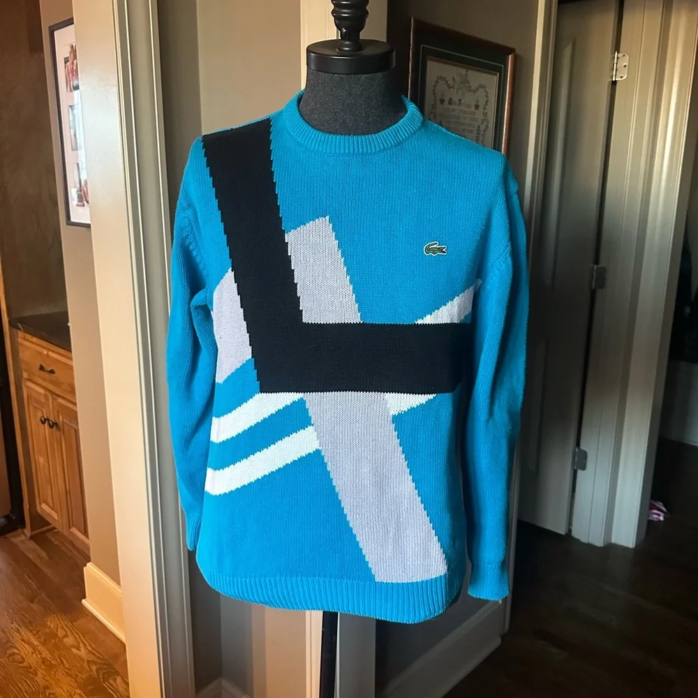 LACOSTE 🐊 Men’s Vintage Blue & Black Geometric All Cotton LS Sweater - Size LG - Picture 3 of 12
